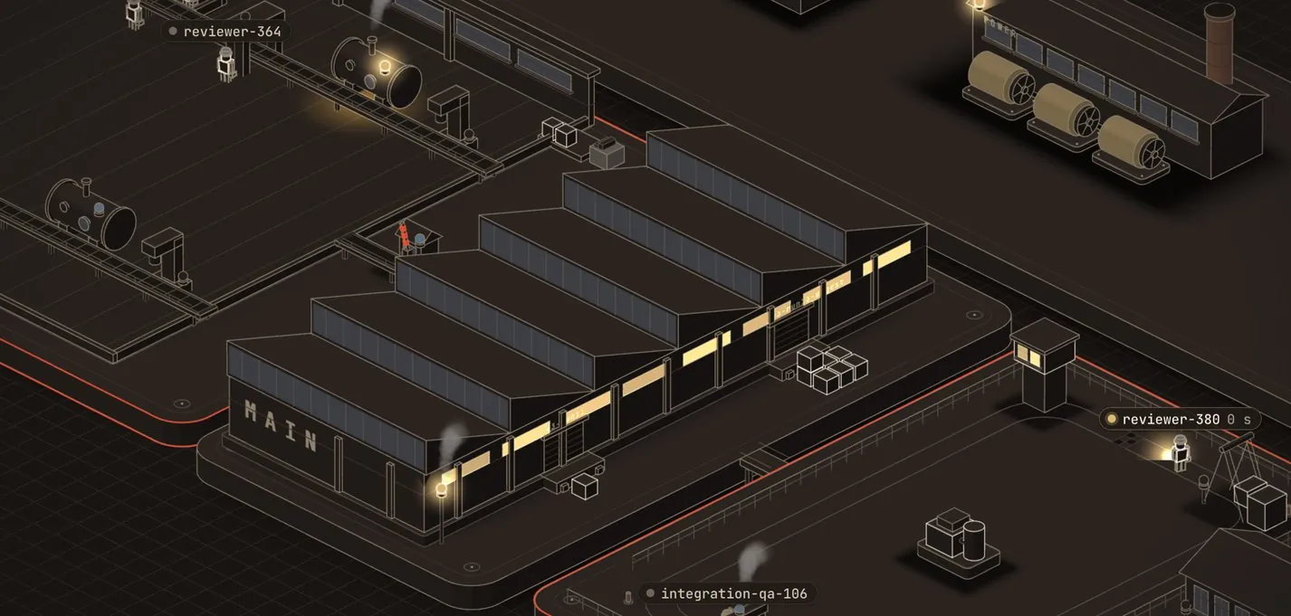 Close-up of SPARC's 3D monitor: an isometric factory where each AI agent is a worker at its station, lit while it works.