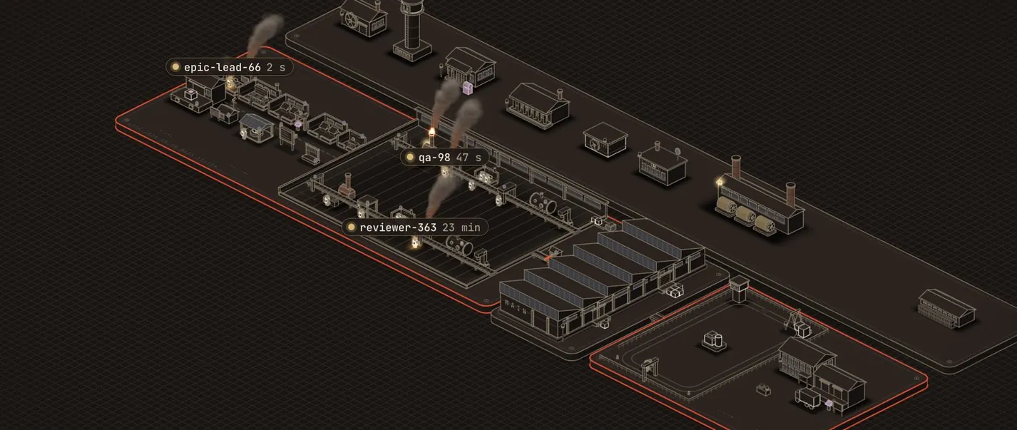 SPARC's 3D monitor: an isometric factory where each AI agent is a worker at its station, lit while it works.