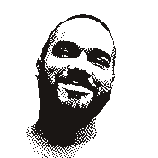 Portrait of Patrick McClain II, smiling, printed as an ink dither.