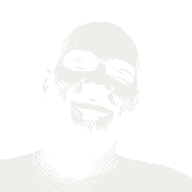 Portrait of Patrick McClain II, smiling, printed as an off-white dither on a warm gold plate.